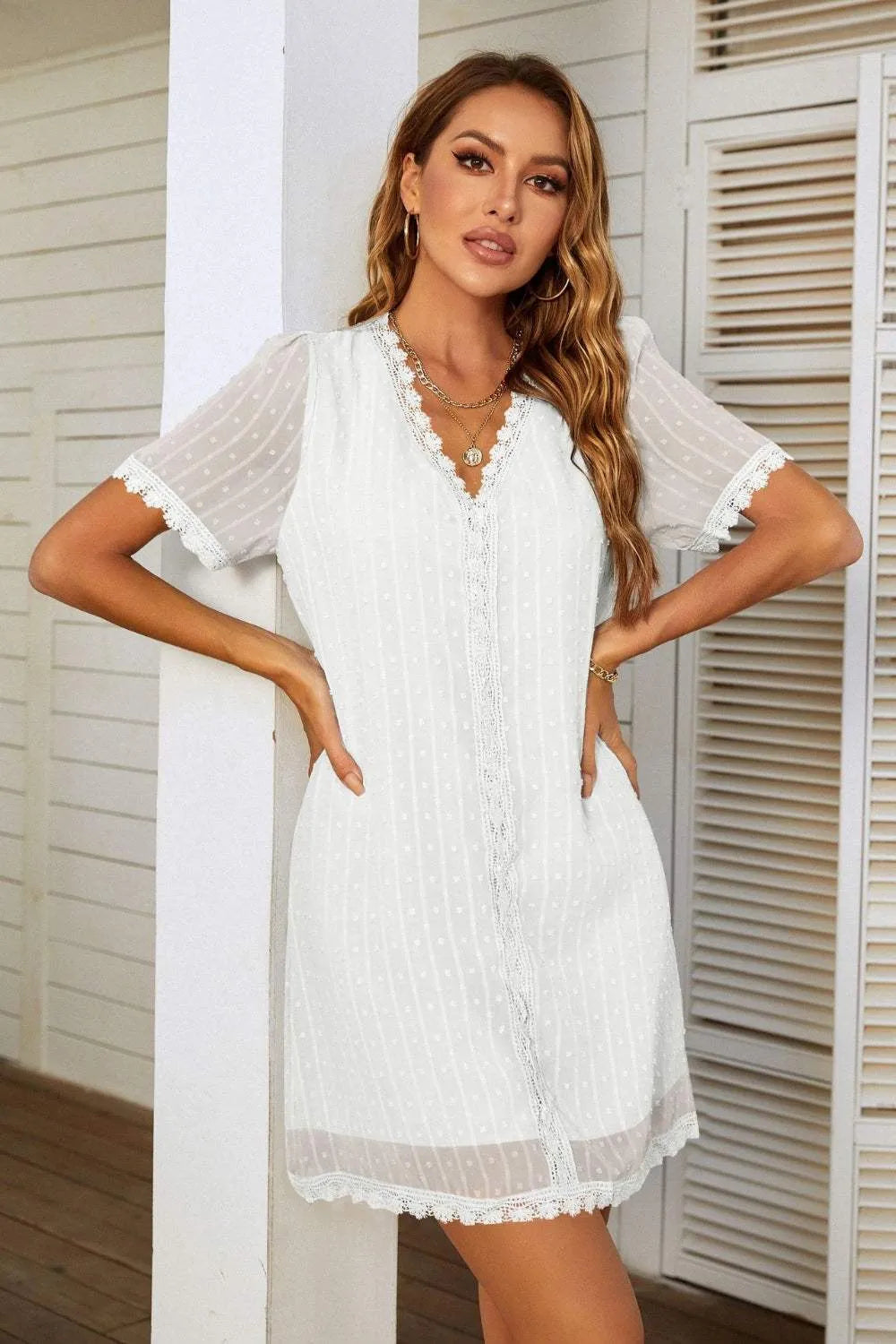 Lace Detail V-Neck Short Sleeve Dress White Casual Dresses - Tophatter Daily Deals